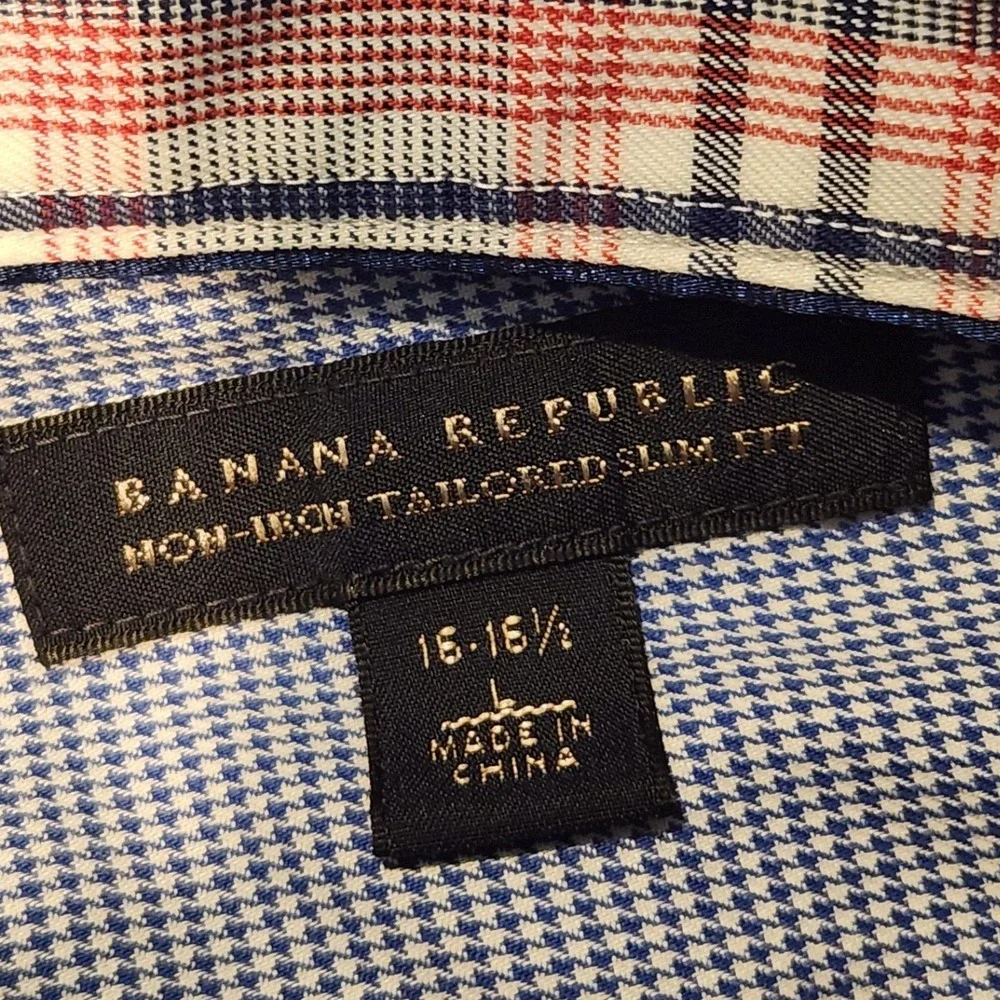 Banana Republic Non-Iron Tailored Slim Fit Plaid Button Down Shirt Blue Red L